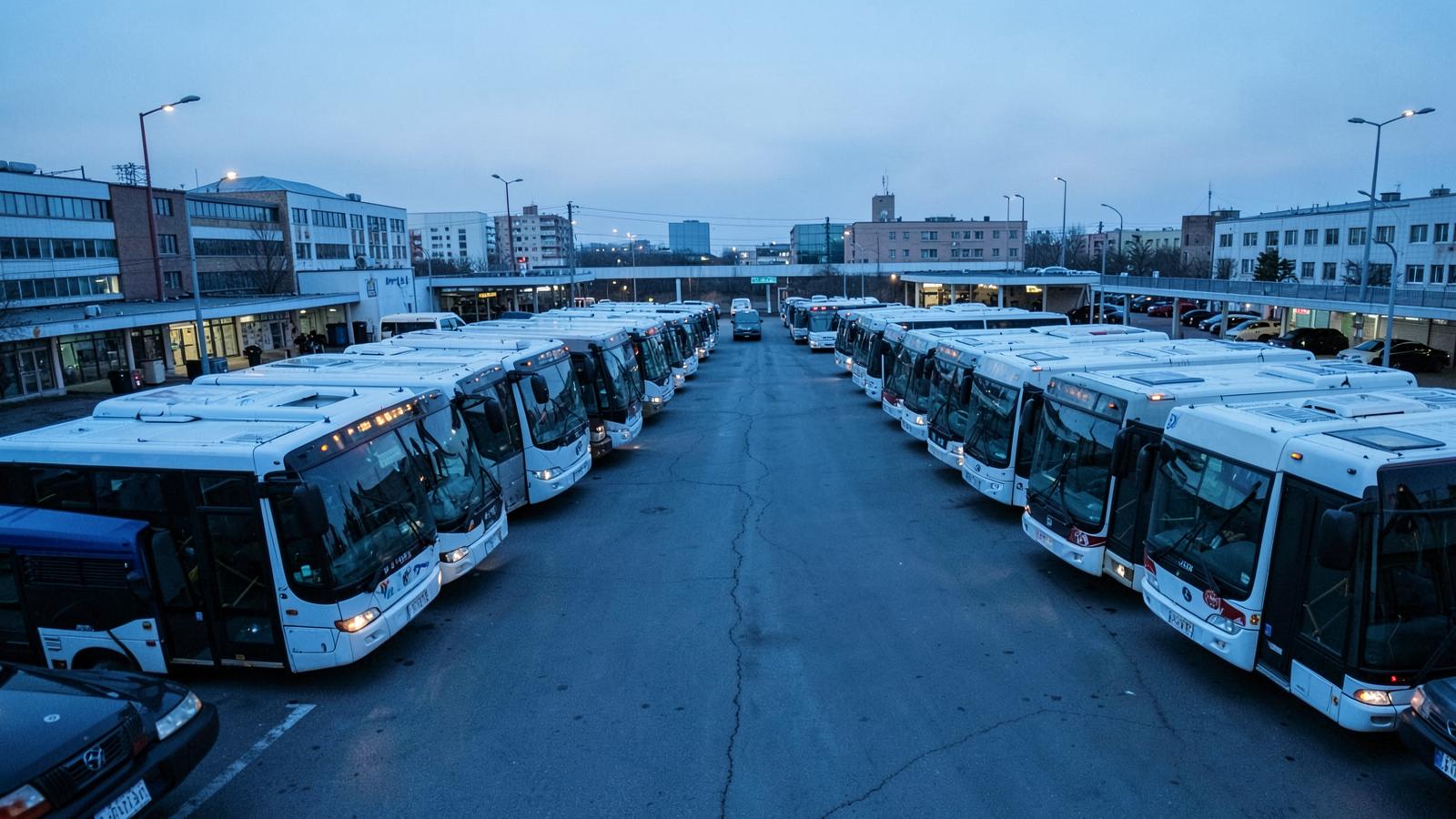 City transit buses parked in a depot at dawn