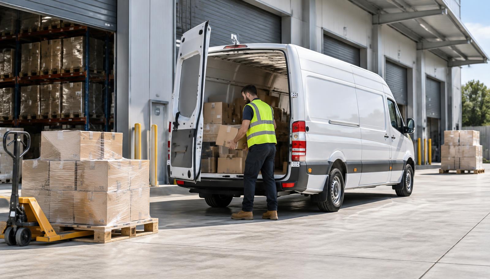 Delivery van being loaded at a distribution depot