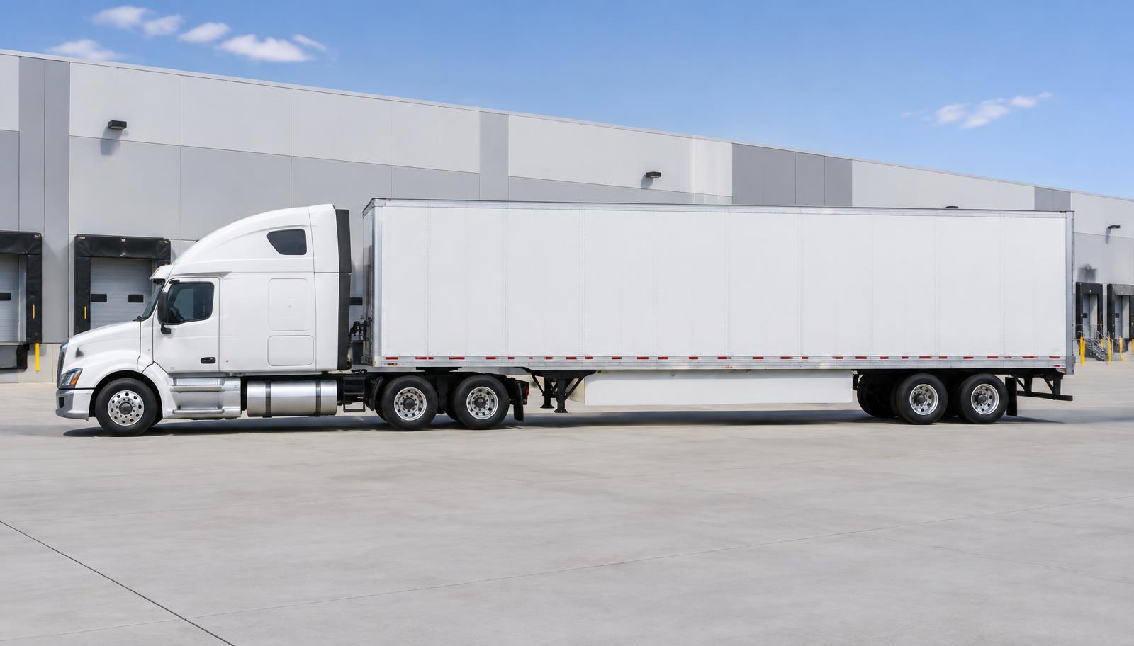 A single heavy transport truck at a logistics depot