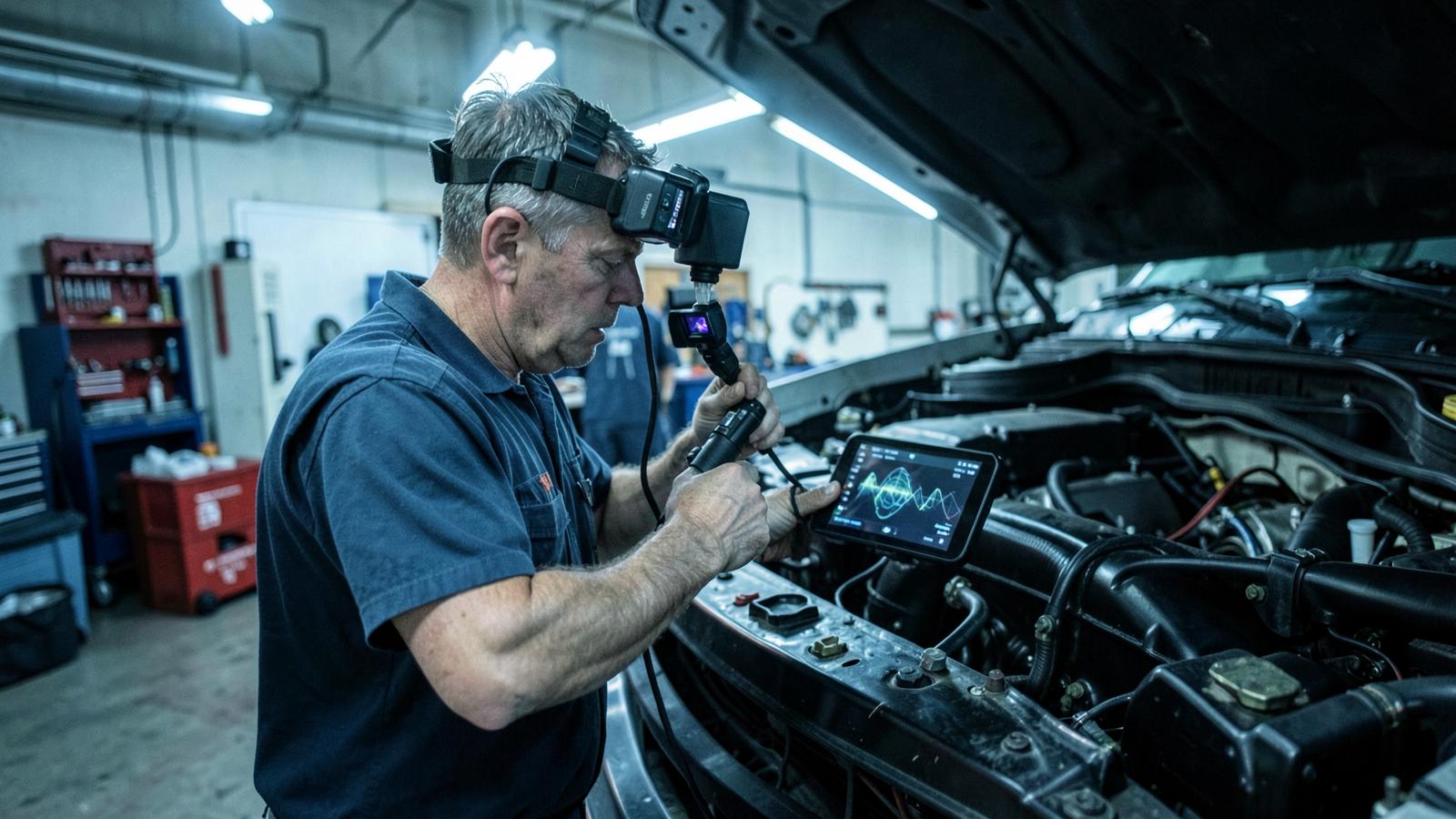 Technician recording thermal and diagnostic data on a running engine